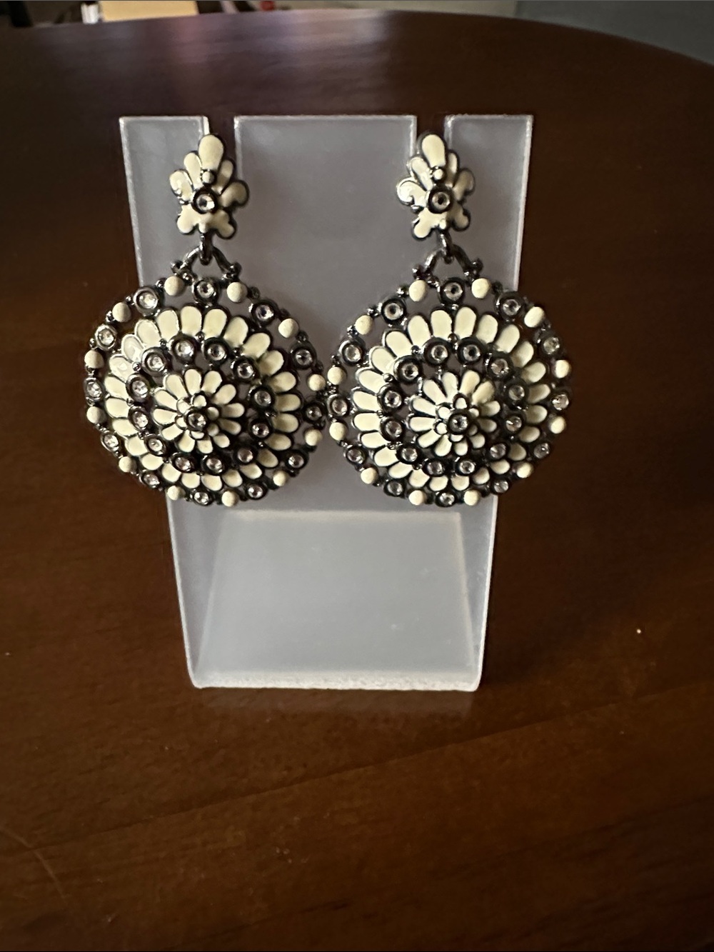 Joan Rivers Cream and Silver Floral Medallion Drop Earrings